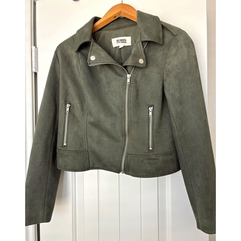 BB Dakota Steve Madden Womens soft faux suede green Jacket M moto classiccore